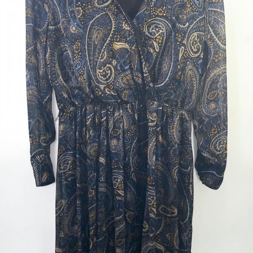Alexa B Navy Blue Paisley Wrap V-Neck Maxi Dress Long Sleeve Size 14